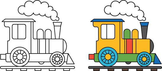 Cartoon Steam Train Engine Illustration, Outline and Colored Transport Graphic, Simple Kids Toy Locomotive Vector Clipart Coloring Design