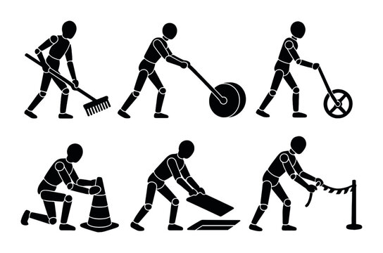 Silhouette figures performing various outdoor labor tasks