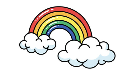 Obraz premium Charming cartoon rainbow illustration with a vivid spectrum of colors arching between two fluffy white clouds, symbolizing hope, happiness, and natural beauty