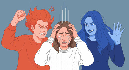 A distressed young woman is caught between two menacing figures, one red and angry, the other blue and sinister, symbolizing overwhelming emotional turmoil.