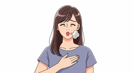 A young woman experiencing shortness of breath, possibly due to anxiety or a medical condition.