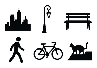Urban silhouettes of cityscape objects with lamp post and bicycle