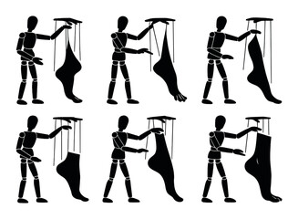 Silhouette puppets: wooden marionettes manipulating limbs in dramatic dance performance
