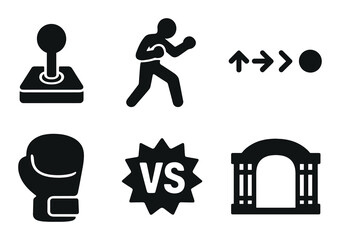 Retro gaming icons: joystick, boxer, game controls, glove, versus, portal