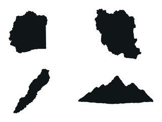 Silhouettes of countries and a mountain on black background
