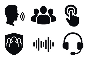 Communication icons: voice, group, touch, security, soundwave, headset