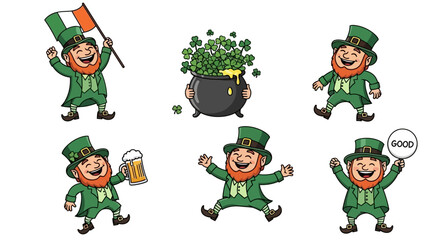 Collection of cheerful cartoon leprechaun characters celebrating St