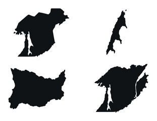Set of four dark stylized island silhouettes on black background