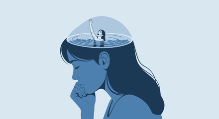 Conceptual illustration of a woman with a swimming pool in her head, representing overthinking or being overwhelmed by thoughts.