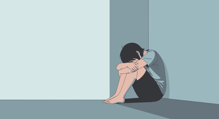Illustration of a lonely and depressed person sitting curled up in the corner of a room, representing sadness and despair.