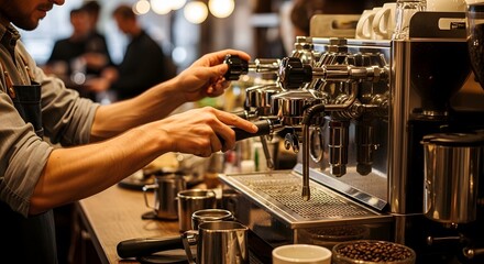 Professional barista carefully preparing a fresh espresso in a modern coffee shop.