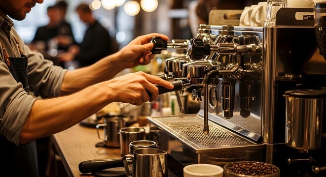 Professional barista carefully preparing a fresh espresso in a modern coffee shop. - Powered by Adobe