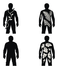 Silhouetted figures with botanical patterns on semi-dark background