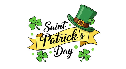 Festive graphic design celebrating Saint Patrick's Day with a lucky green leprechaun hat, a decorative banner, and cheerful shamrocks, ideal for holiday themes and spring events