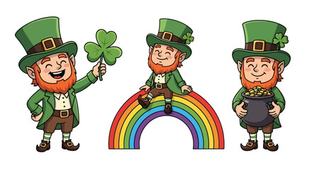 Happy St. Patrick's Day illustrations featuring lucky leprechauns with shamrocks, rainbows, and pots of gold