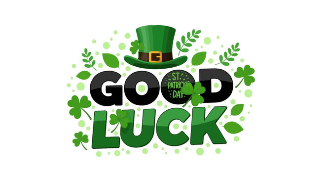 Festive St. Patrick's Day typography design with a 'Good Luck' message, leprechaun hat, and lucky shamrocks