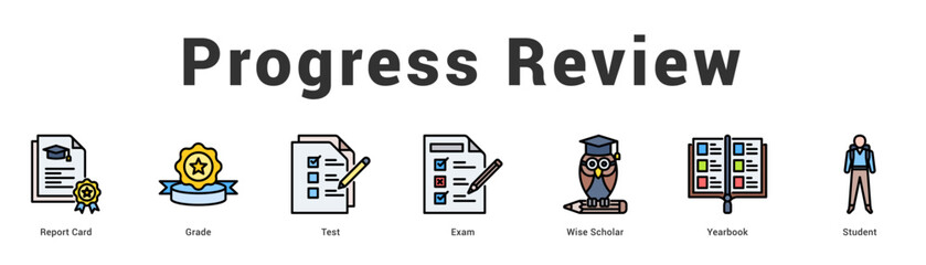Progress Review Modern and clean web banner illustration featuring thematic icons for visual communication