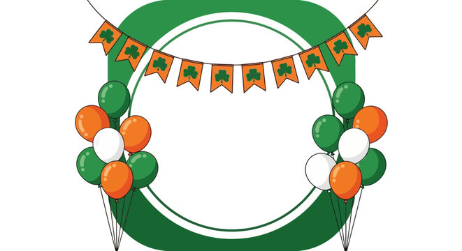 St. Patrick's Day celebration frame with Irish flag colored balloons, shamrock bunting, and a blank circular space for text or photo