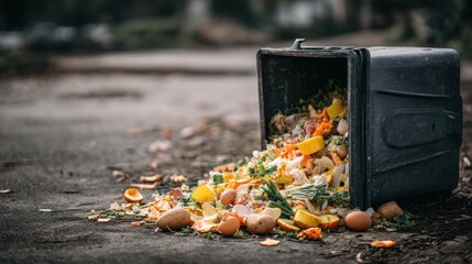Overflowing black trash bin spills organic waste including fruits, vegetables, and eggs onto a dirty pavement, highlighting environmental issues and food waste concerns