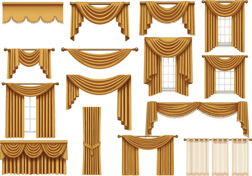 Collection of elegant gold drapes and curtains in various styles for home decor