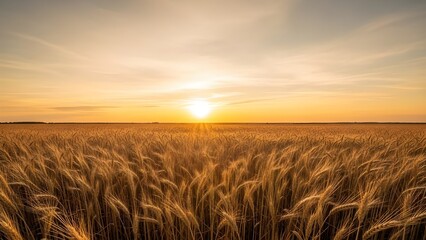 Obraz premium Golden wheat field at sunset, ripe cereal crop under a warm evening sky, agricultural landscape with sun flare over grain stalks isolated PNG with Transparent Background