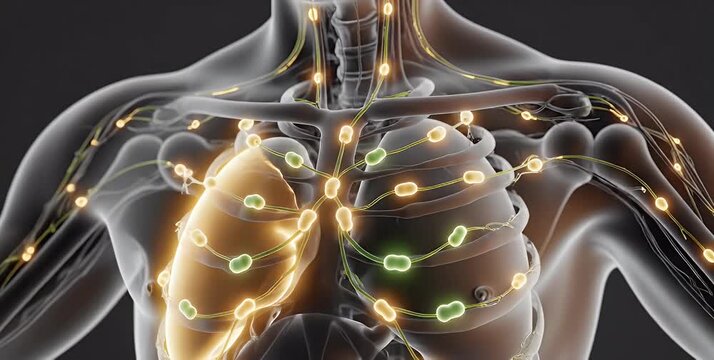 Human body lymphatic system illustration with lungs and lymph nodes.