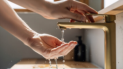 Washing hands. Fresh, clean water running from golden tap.