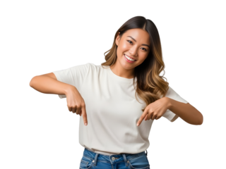 Smiling Asian woman in white tee points down, inviting you to explore what's below with genuine enthusiasm, perfect for ads and social media marketing