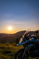Moto trip to the mountains. Sunset in the mountains.