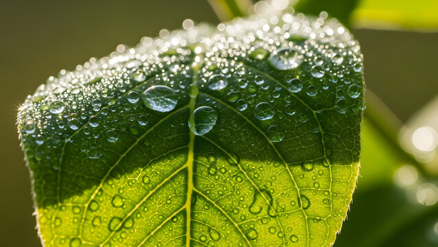 Close up of green leaf with many water droplets shining in sunlight on sunny day