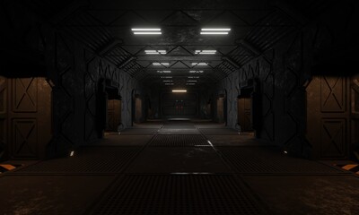 Command center walkway military base in dark scene 3d rendering sci-fi wallpaper background