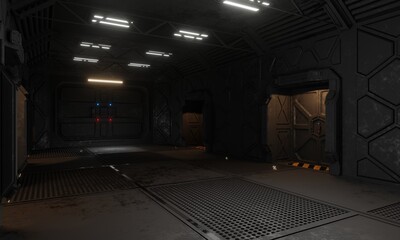 Science fiction command center military base in dark scene 3d rendering wallpaper background