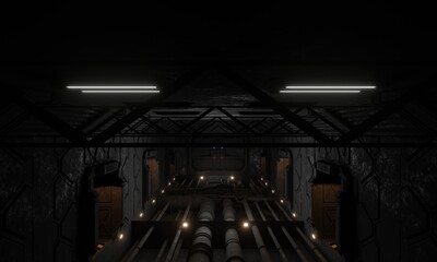 Science fiction military base command center in dark scene 3d rendering wallpaper background