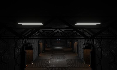 Science fiction military base command center under floor in dark scene 3d render wallpaper background