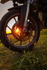 Moto trip to the mountains. Sunset in the mountains.