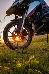 Moto trip to the mountains. Sunset in the mountains.