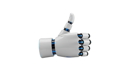 White robotic hand, with blue accents giving a thumbs up gesture, isolated on white or transparent background. PNG