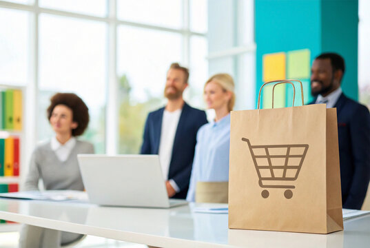 Business professionals in a meeting, with a prominent shopping cart bag symbolizing digital commerce strategies, online sales, and future market growth discussions