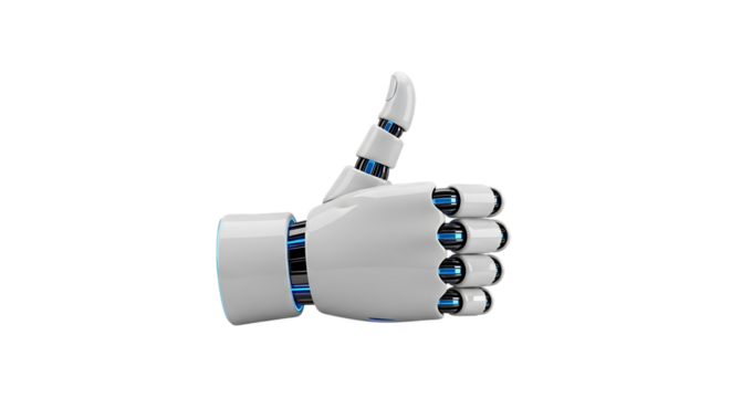 White robotic hand, with blue accents giving a thumbs up gesture, isolated on white or transparent background. PNG