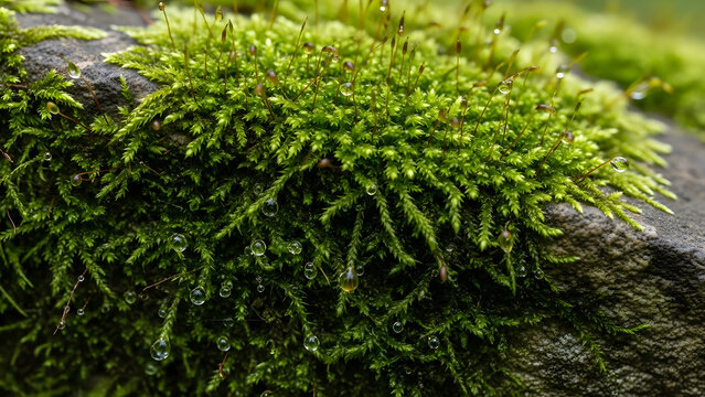 Detailed close up of green moss with water droplets on rock in natural environment
