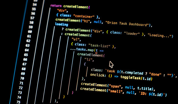 Real-time generated written computer source code in closeup shot on monitor - white letters running on black background - concept of digitization, science, research and course of a program script - Powered by Adobe