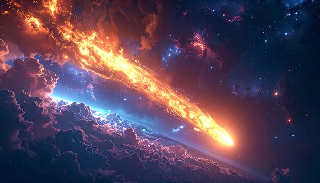 Fiery celestial object streaks across a nebula-filled night sky