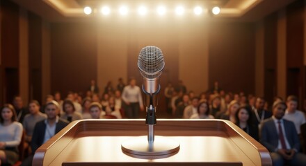 Microphone on podium in front of blurred audience. Public speaking event, presentation, conference or seminar concept. Business communication.