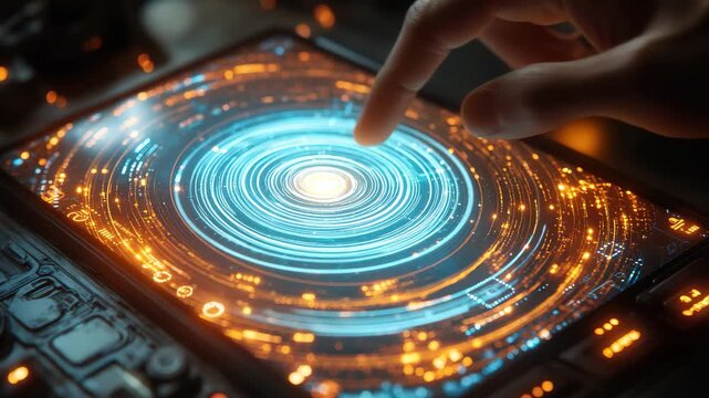 Interactive touch display showing a cosmic galaxy with glowing elements and digital interface features