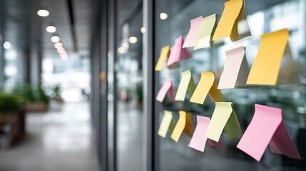 Colorful sticky notes attached to  glass wall in  modern office hallway with blurred lights in  background