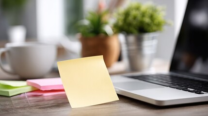 single yellow sticky note rests against  open laptop keyboard beside colorful memo pads  white mug and potted green plants on  wooden desk