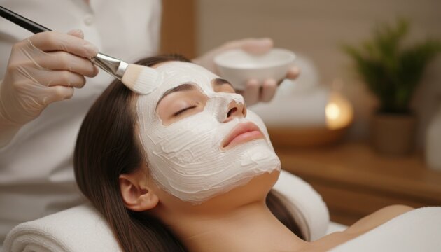 Young woman enjoys relaxing spa facial mask treatment symbol of wellness self care and slow living