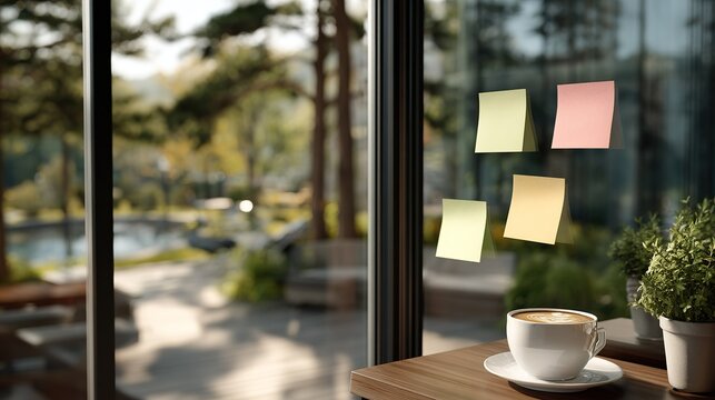 Four colorful adhesive notes stick to glass window overlooking blurred outdoor garden setting with coffee cup nearby - Powered by Adobe