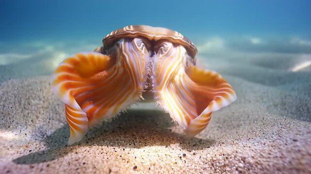Close up underwater shot of a vivid cuttlefish swimming on sandy ocean floor