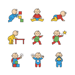 Cute Babies Playing and Learning Developmental Milestones Set.